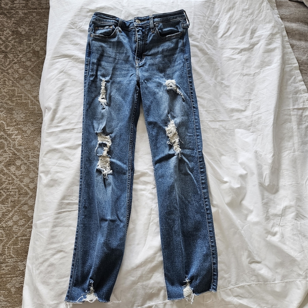 Hollister distressed high rise slim straight stretch blue jeans 1R W25 L26